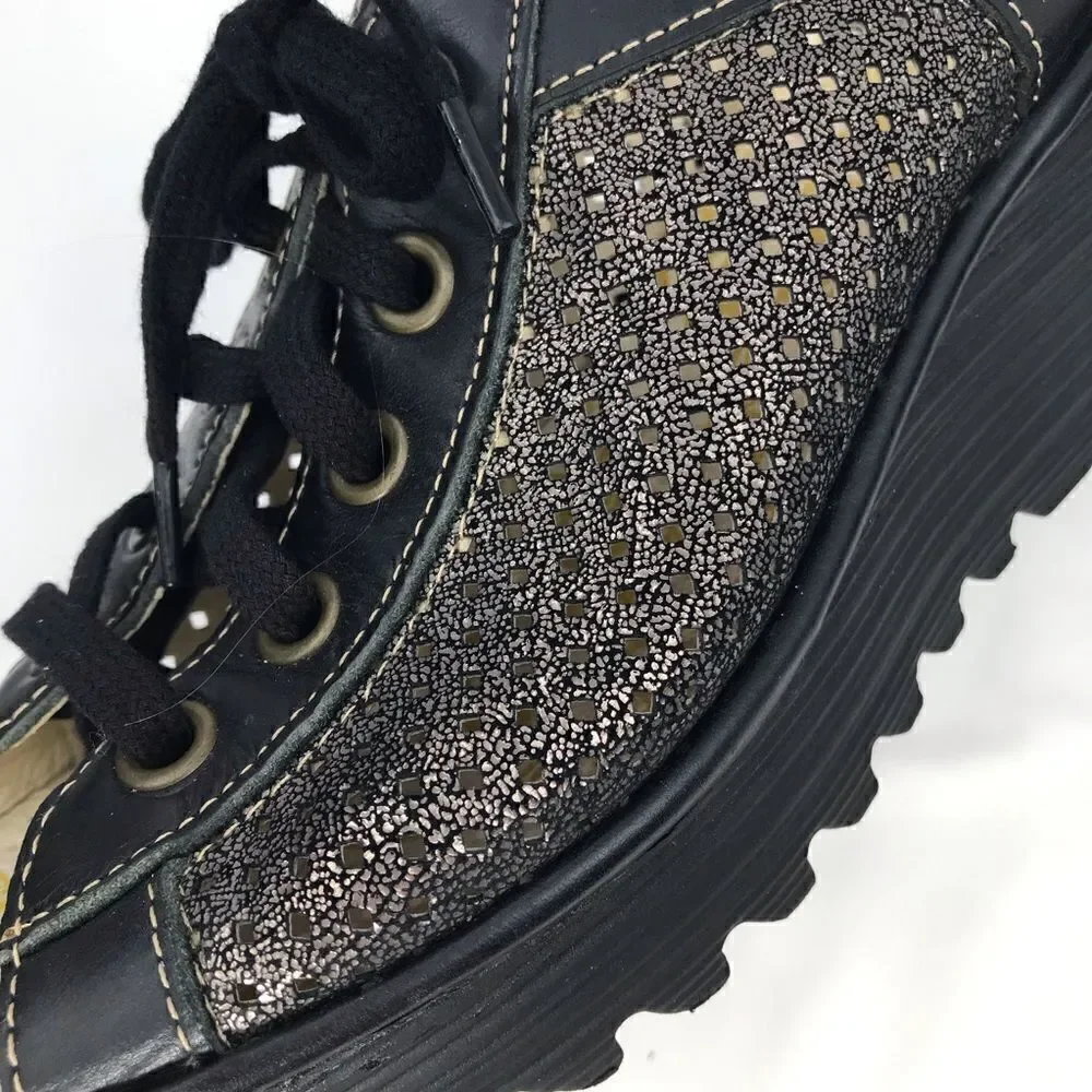 Fly London Black Metallic Perforated Leather Slingback Lace Up Chunky Wedges
